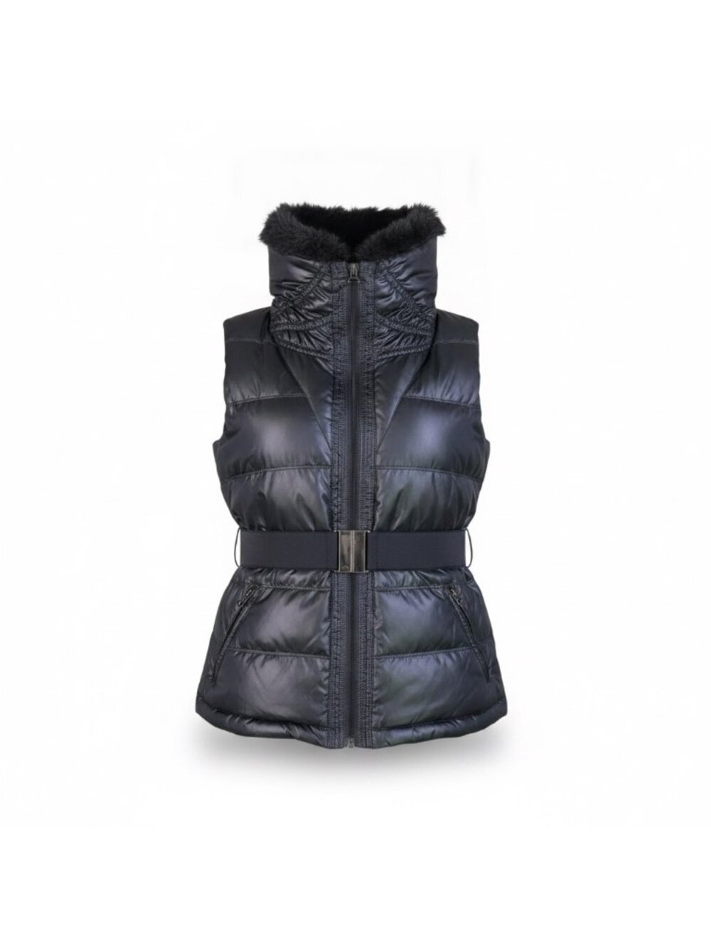 Zara Basic Womens Black Down Puffer Vest Faux Fur Collar Belted Quilted Size M